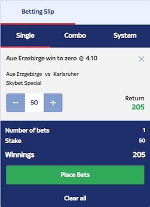 Skybet Wettschein Aue - Karlsruhe