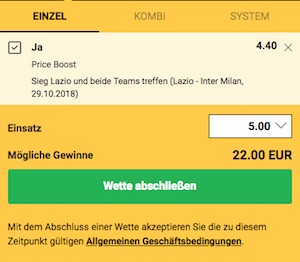 Bwin Price Boost zu Lazio Rom gegen Inter Mailand