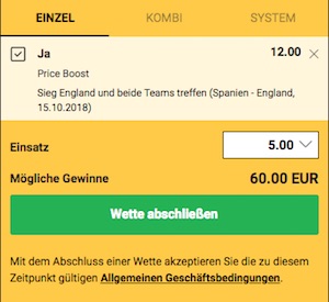 Bwin Price Boost Spanien gegen England am 15.10.2018