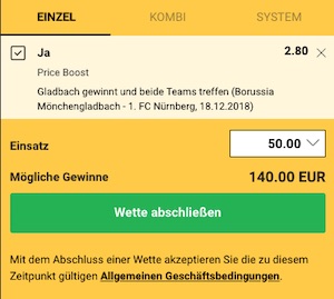 Bwin Price Boost zu Gladbach gegen Nürnberg