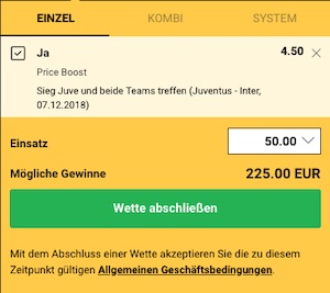 Bwin Price Boost zu Juventus gegen Inter am 7.12.2018