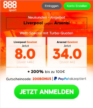 Liverpool vs. Arsenal Quotenboost bei 888sport