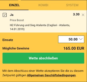 Bwin Price Boost zu Cagliari Calcio gegen Atalanta Bergamo