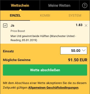 Manchester United vs. Reading Bwin Quotenboost