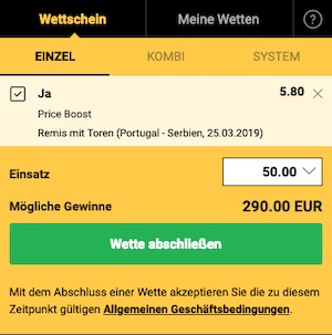 Bwin Price Boost zu Portugal gegen Serbien am 25.3.19