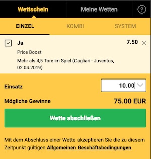 Bwin Price Boost zu Cagliari vs. Juventus