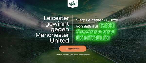 Mr Green verbesserte Quote Leicester Man United Wetten