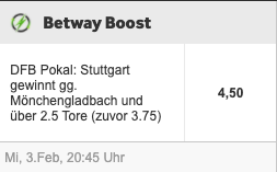 Topquote bei Sieg von Stuttgart gegen Mönchengladbach im DFB-Pokal mit Betway Quotenboost