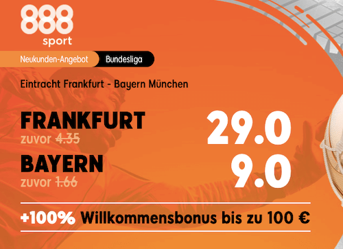 Fette Quoten für den Bundesliga-Hit Frankfurt gegen Bayern mit 888sport Quotenboost