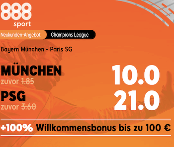 Erhöhte Wettquote im Hinspiel zwischen Bayern München und PSG mit 888sport Quotenboost