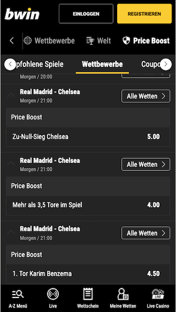 Erhöhte Wettquoten für Real Madrid - Chelsea mit Bwin Quotenboost