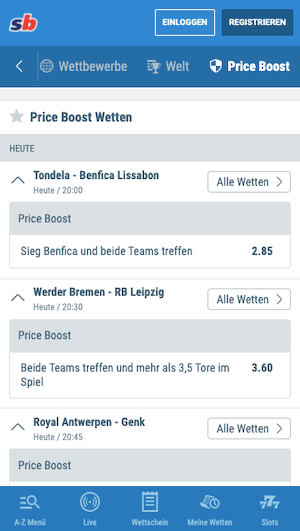 Liste aller Quotenboosts von Sportingbet