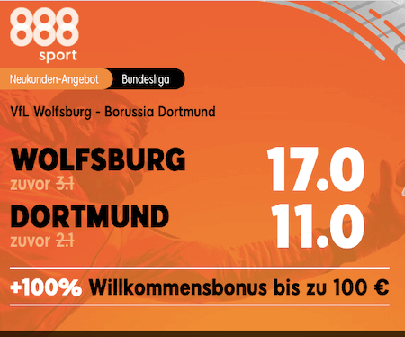 Top-Quoten für VfL Wolfsburg gegen Borussia Dortmund am 24.4. mit 888sport Quotenboost