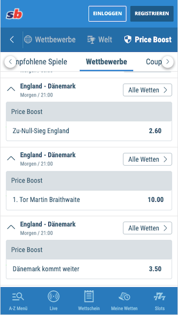 Verbesserte Wettquoten für das EM 2021 Halbfinale England - Dänemark am 7. Juli mit Sportingbet Quotenboost