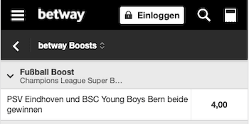 Verbesserte Quote für Siege von PSV Eindhoven und den Young Boys Bern mit Betway Quotenboost