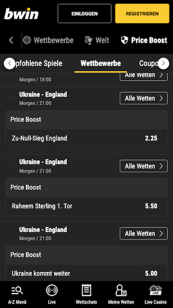 Top-Quoten für Ukraine - England im EURO Viertelfinale mit dem Bwin Quotenboost