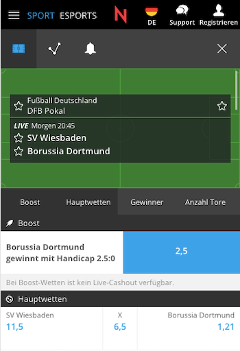 Erhöhte Wettquote für SV Wiesbaden - BVB Dortmund im DFB-Pokal mit Neobet Quotenboost