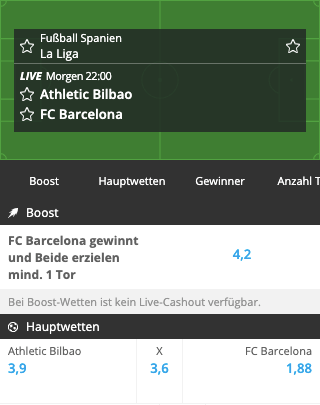 Verbesserte Wettquote für Athletic Bilbao - FC Barcelona mit NEO.bet Quotenboost