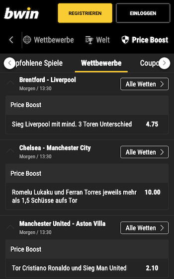 Erhöhte Wettquote im Top-Spiel der Premier League Chelsea - Manchester City mit Bwin Price Boost