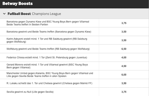 Alle Betway Quotenboosts in der UEFA Champions League am 20. Oktober 2021