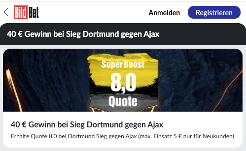 Erhöhte Quote für Borussia Dortmund gegen Ajax Amsterdam mit BildBet Quotenboost