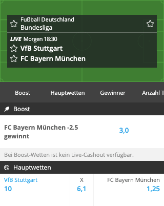Stark verbesserte Wettquote für VfB Stuttgart gegen Bayern München mit Neobet Quotenboost