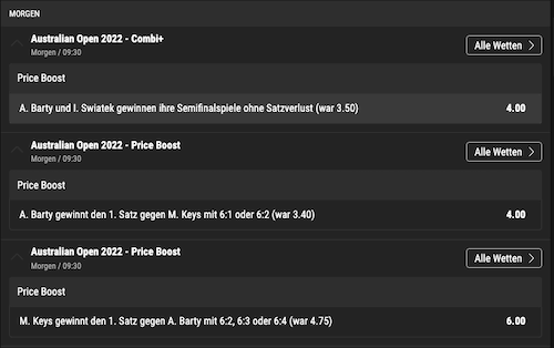 Verbesserte Quote für Barty & Swiatek im Halbfinale der Australian Open 2022 mit Bwin Boost sichern