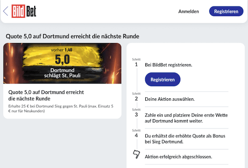 Verbesserte Quote im DFB-Pokal für St. Pauli gegen den BVB mit Bildbet Quotenboost