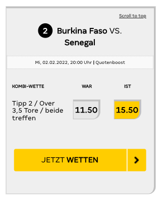 Erhöhte Wettquote für Burkina Faso - Senegal im Afrika Cup Halbfinale 2022 mit Merkur Sports Quotenboost