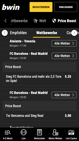 Verbesserte Wettquoten für FC Barcelona - Real Madrid mit Bwin Quotenboost