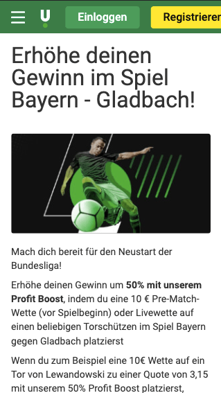 Top-Quote für den Torschützen bei Bayern München - Mönchengladbach mit Unibet Quotenboost