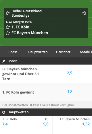 Stark erhöhte Wettquoten für 1. FC Köln vs. Bayern München mit Neobet Quotenboost