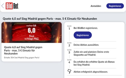 Verbesserte Wettquote für Paris Saint-Germain gegen Real Madrid mit BildBet Quotenboost