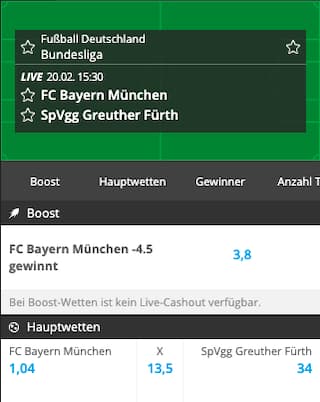 Stark verbesserte Wettquote für Bayern München gegen Greuther Fürth mit Neobet Quotenboost