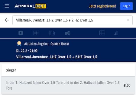 Verbesserte Wettquote für Villareal vs. Juventus Turin mit ADMIRALBET Quotenboost