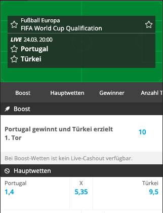Top-Wettquote im WM-Playoff Portugal gegen Türkei mit Neobet Quotenboost