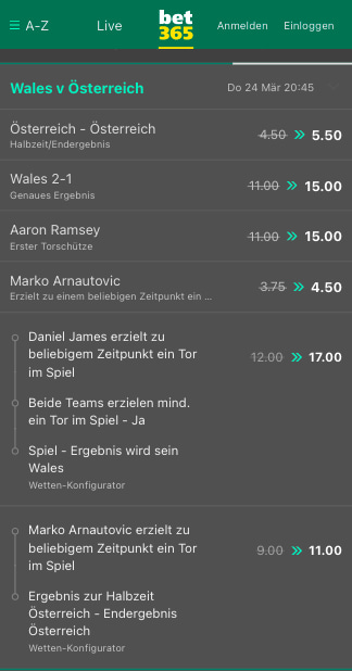 Top-Quoten bei Wales gegen Österreich mit Bet365 Quotenboost