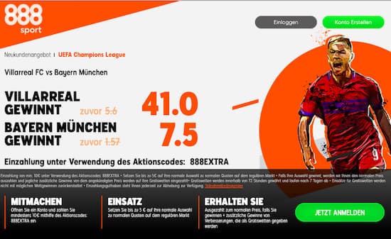 Top-Quote für Villarreal gegen Bayern München mit 888sport Quotenboost