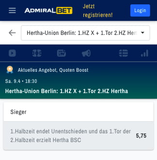 Erhöhte Wettquote für Hertha BSC - Union Berlin mit ADMIRALBET Quotenboost