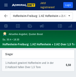 Top-Quote für Hoffenheim - Freiburg mit ADMIRALBET Quotenboost