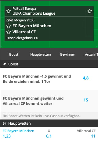 Top-Quote für Bayern München - Villarreal mit Neobet Quotenboost