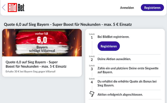 Verbesserte Wettquote für Neukunden bei Villarreal - Bayern München mit BildBet Quotenboost