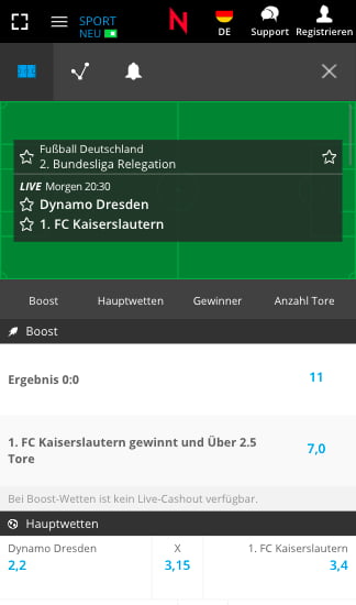 Top-Quoten für Dynamo Dresden - Kaiserslautern mit Neobet Quotenboosts