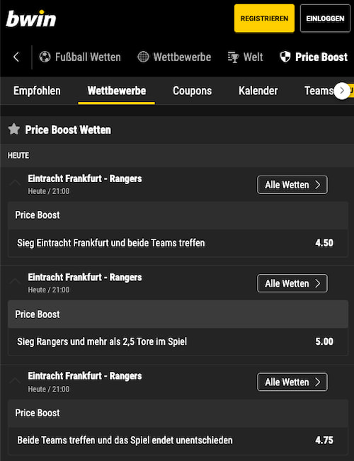 Super-Quoten für Eintracht Frankfurt - Glasgow Rangers mit Bwin Quotenboost