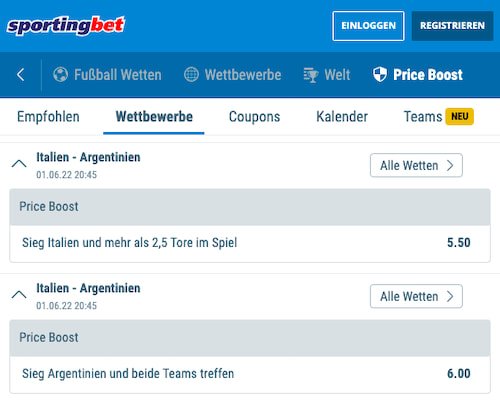 Top-Quoten für Italien - Argentinien mit Sportingbet Quotenboosts