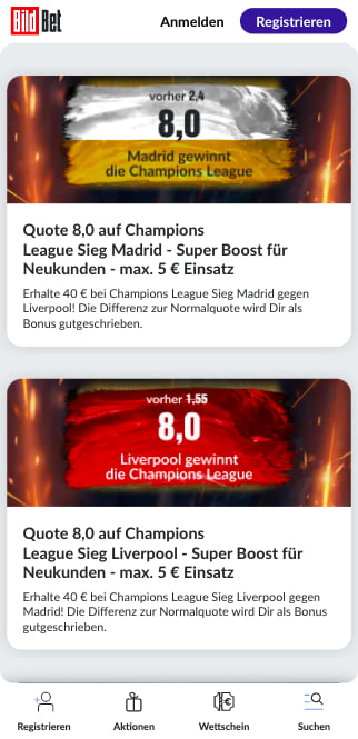 Verbesserte Wettquoten für Liverpool - Real Madrid mit BildBet Quotenboost