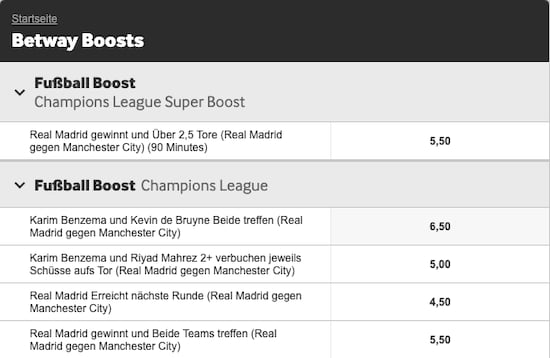 Verbesserte Quoten für Real Madrid - Man. City mit Betway Quotenboost