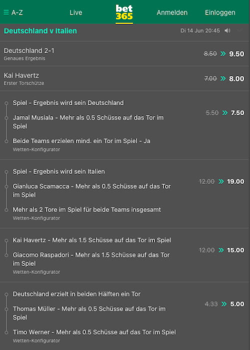 Top-Quoten für Deutschland - Italien mit Bet365 Quotenboost