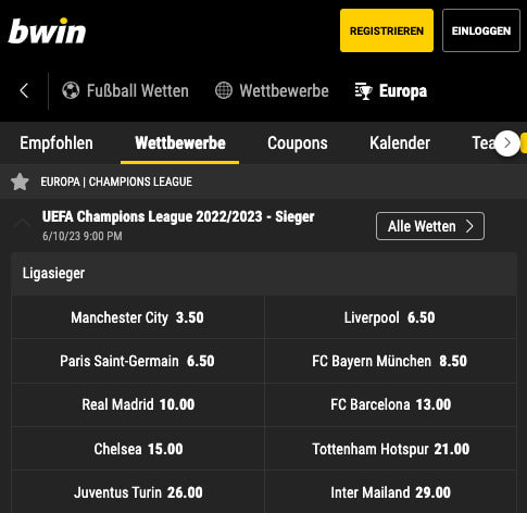 Alle Wetten & Quotenboosts zum Champions League Sieger 2022/23 bei Bwin