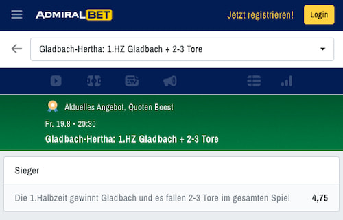 Top-Quote für Gladbach gegen Hertha mit ADMIRALBET Quotenboost